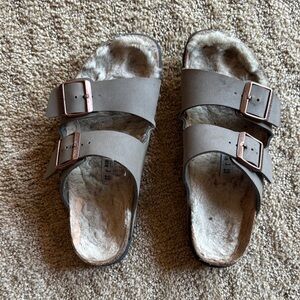 Birkenstock Shearling Lined Taupe Double Strap Sandals with Buckles
